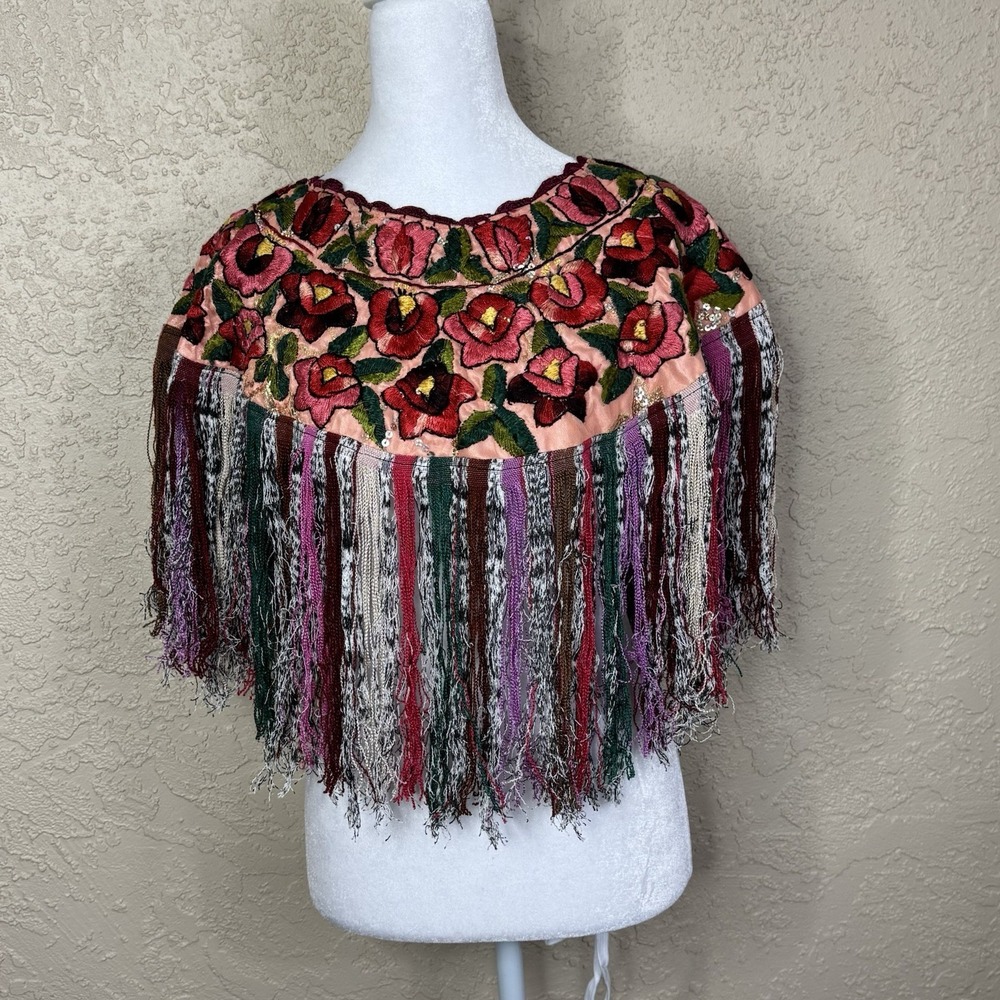Vtg Guatemalan Huipil Shawl Poncho Hand Embroidered Woven Sequin Accents Fringe